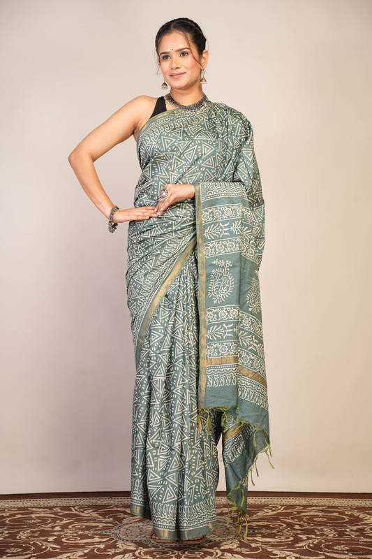 Bhagalpuri Cotton Silk Teal Green Discharge (Hand Block) Ethnic Saree With Blouse