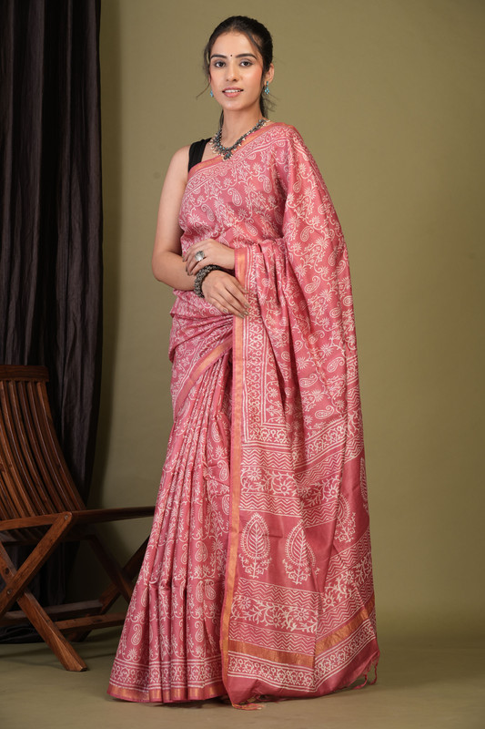 Bhagalpuri Cotton Silk Rouge Pink Discharge (Hand Block) Ethnic Saree With Blouse