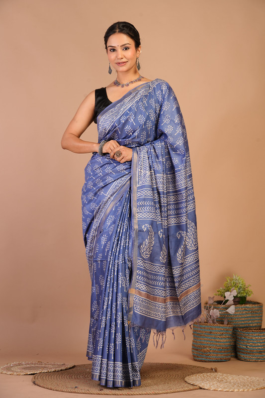 Bhagalpuri Cotton Silk Blue Discharge (Hand Block) Ethnic Saree With Blouse