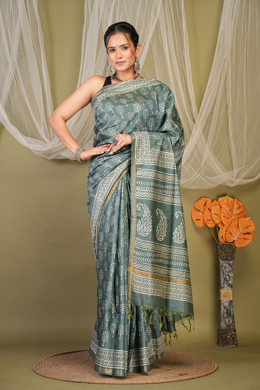 Bhagalpuri Cotton Silk Teal Green Discharge (Hand Block) Ethnic Saree With Blouse