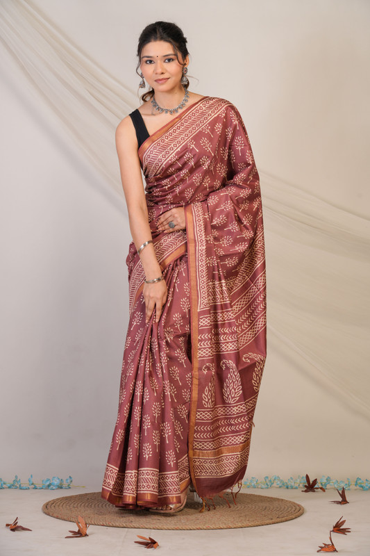 Bhagalpuri Cotton Silk Brown Discharge (Hand Block) Ethnic Saree With Blouse