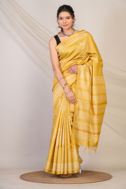 Bhagalpuri Cotton Silk Olive Green Discharge (Hand Block) Ethnic Saree With Blouse