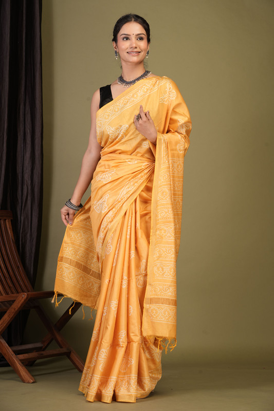 Bhagalpuri Cotton Silk Yellow Discharge (Hand Block) Ethnic Saree With Blouse