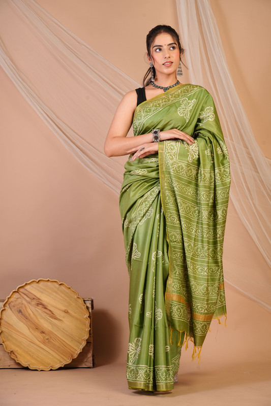 Bhagalpuri Cotton Silk Green Discharge (Hand Block) Ethnic Saree With Blouse