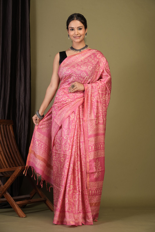 Bhagalpuri Cotton Silk Light Pink Discharge (Hand Block) Ethnic Saree With Blouse