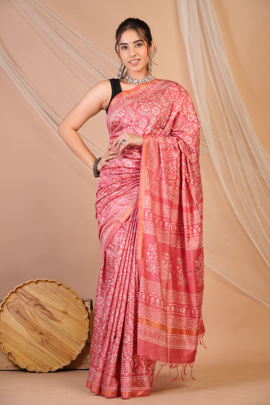 Bhagalpuri Cotton Silk Rouge Pink Discharge (Hand Block) Ethnic Saree With Blouse