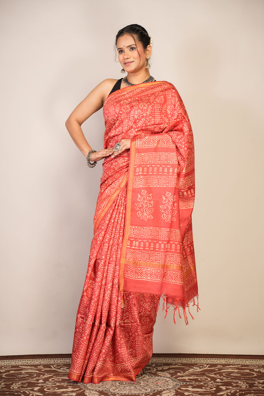 Bhagalpuri Cotton Silk Red Discharge (Hand Block) Ethnic Saree With Blouse