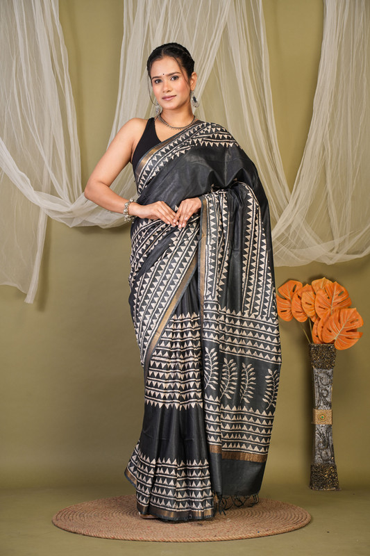 Bhagalpuri Cotton Silk Black Discharge (Hand Block) Ethnic Saree With Blouse