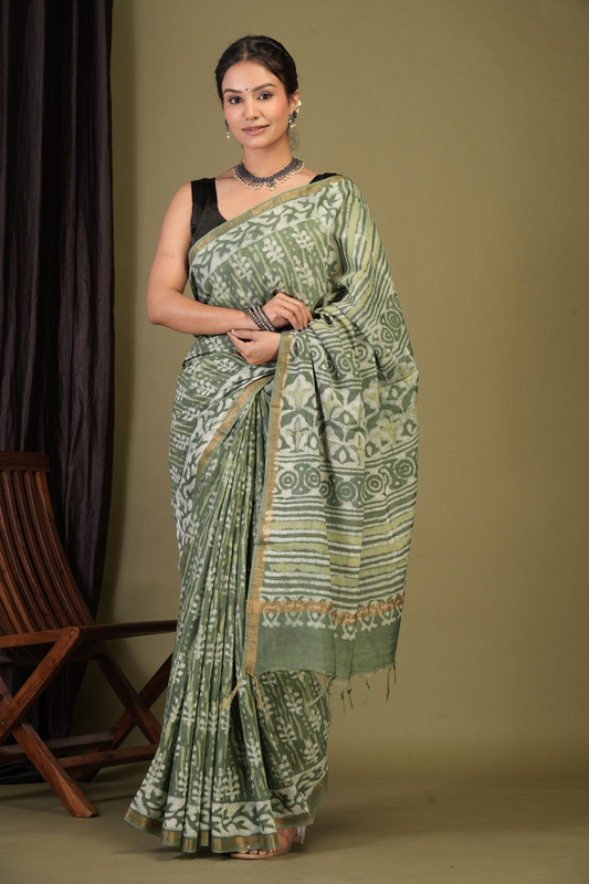 Bhagalpuri Cotton Silk Sage Green Dabu Print (Hand Block) Ethnic Saree With Blouse