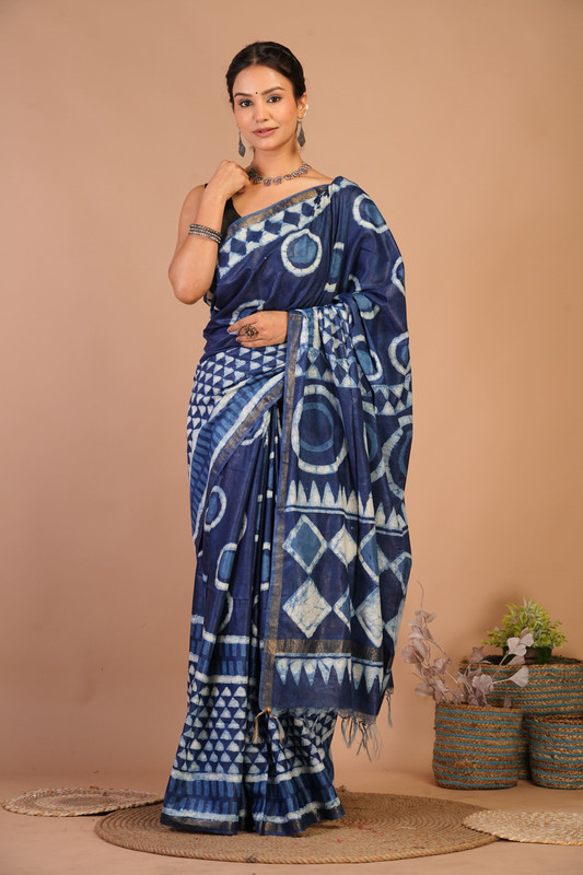 Bhagalpuri Cotton Silk Navy Blue Dabu Print (Hand Block) Ethnic Saree With Blouse