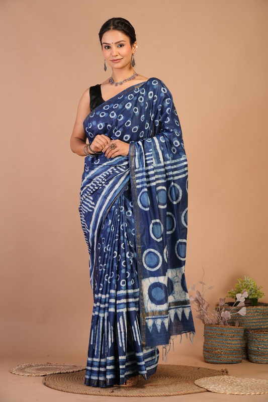 Bhagalpuri Cotton Silk Navy Blue Dabu Print (Hand Block) Ethnic Saree With Blouse