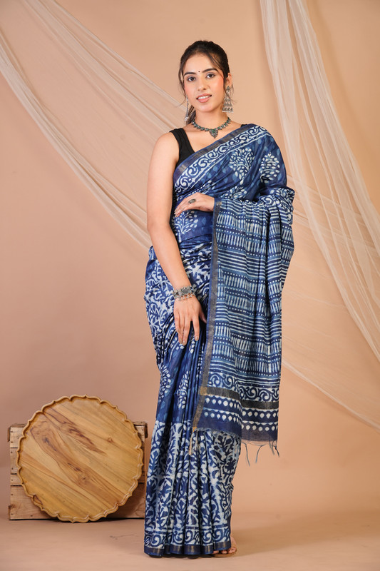 Bhagalpuri Cotton Silk Navy Blue Dabu Print (Hand Block) Ethnic Saree With Blouse