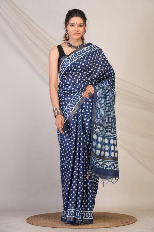 Bhagalpuri Cotton Silk Navy Blue Dabu Print (Hand Block) Ethnic Saree With Blouse