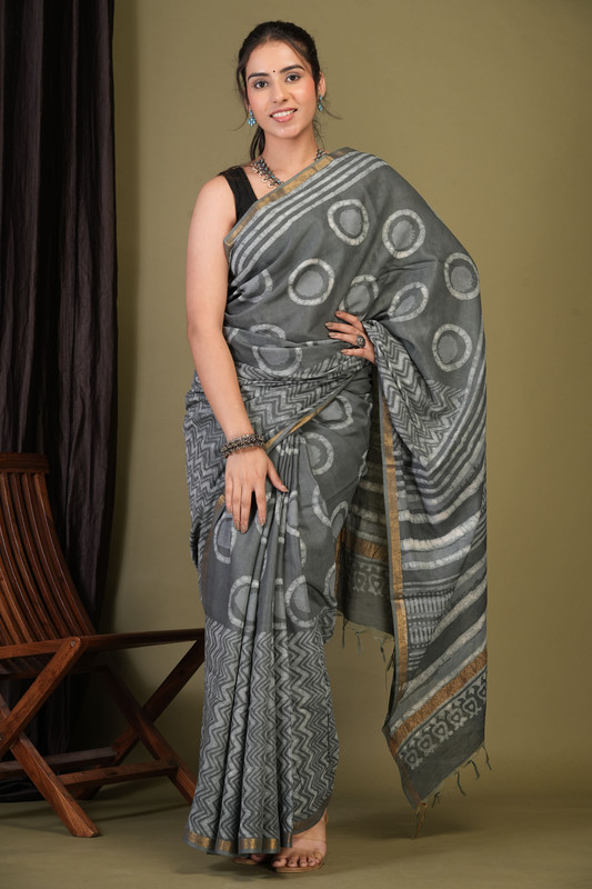 Bhagalpuri Cotton Silk Grey Dabu Print (Hand Block) Ethnic Saree With Blouse