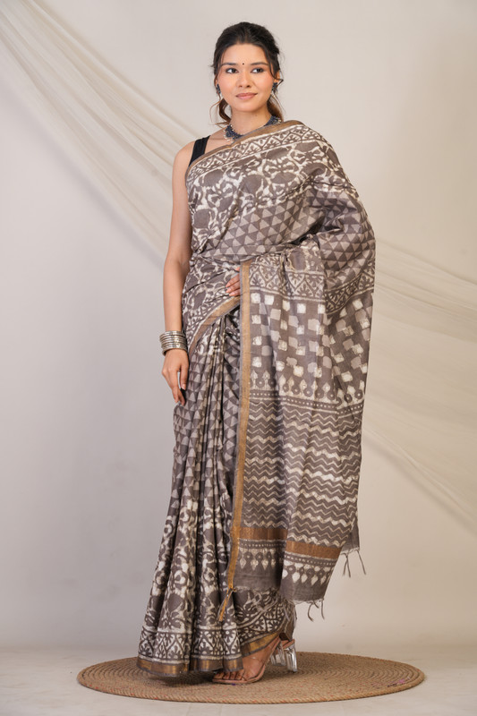 Bhagalpuri Cotton Silk Brown Dabu Print (Hand Block) Ethnic Saree With Blouse