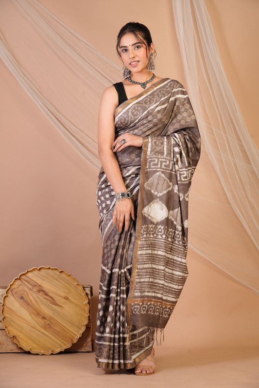 Bhagalpuri Cotton Silk Brown Dabu Print (Hand Block) Ethnic Saree With Blouse