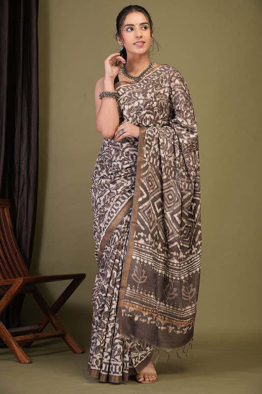 Bhagalpuri Cotton Silk Brown Dabu Print (Hand Block) Ethnic Saree With Blouse