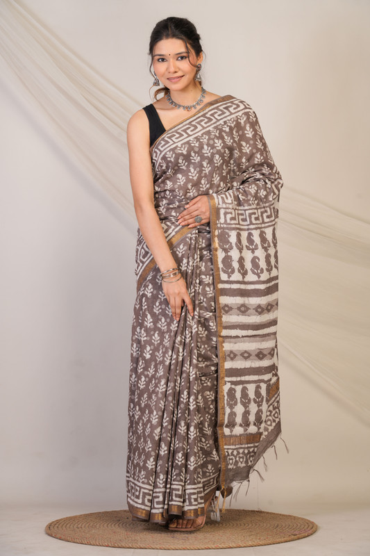 Bhagalpuri Cotton Silk Brown Dabu Print (Hand Block) Ethnic Saree With Blouse
