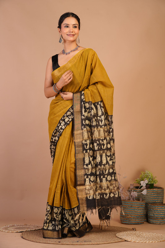 Bhagalpuri Cotton Silk Olive Green Hand Block Ethnic Saree With Blouse