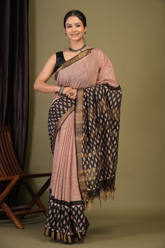 Bhagalpuri Cotton Silk Multicolor Hand Block Ethnic Saree With Blouse