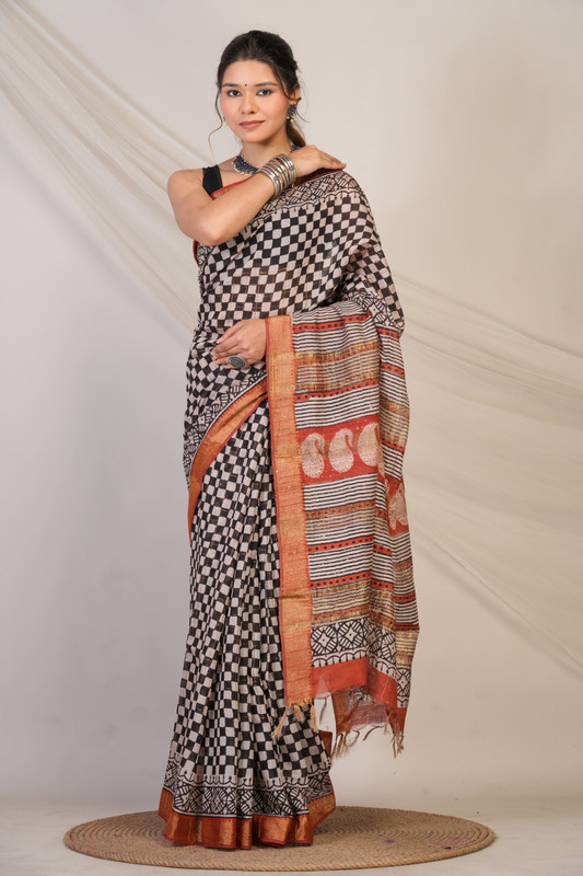 Bhagalpuri Cotton Silk Multicolor Hand Block Ethnic Saree With Blouse