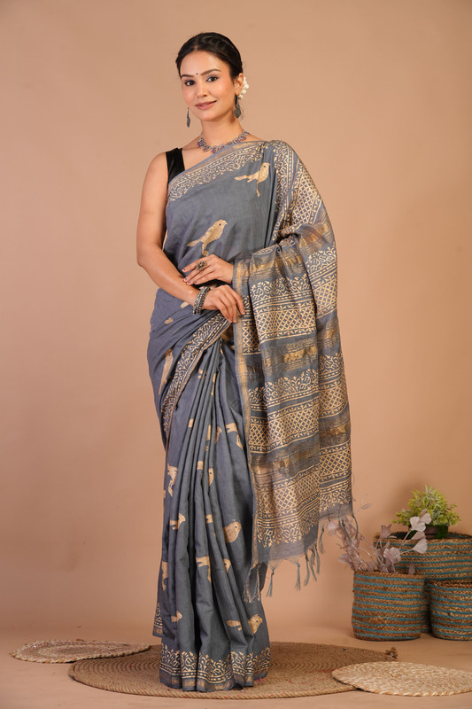 Bhagalpuri Jay Shree Cotton Fine Grey Hand Block Ethnic Saree With Blouse