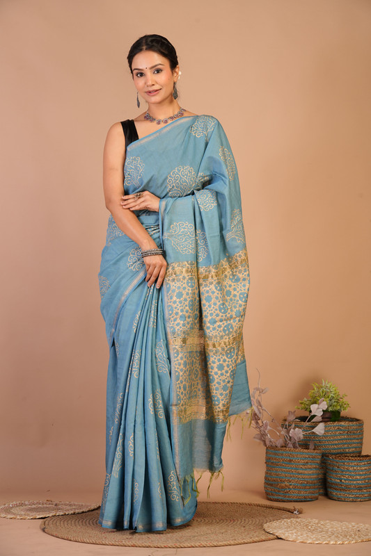 Bhagalpuri Jay Shree Cotton Fine Turquoise Hand Block Ethnic Saree With Blouse