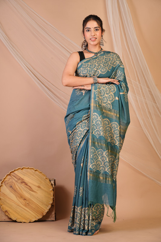 Bhagalpuri Jay Shree Cotton Fine Teal Blue Hand Block Ethnic Saree With Blouse