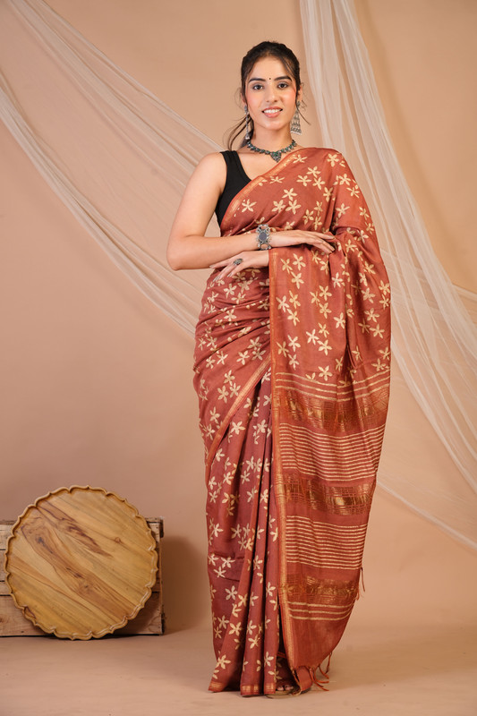 Bhagalpuri Jay Shree Cotton Fine Rust Hand Block Ethnic Saree With Blouse