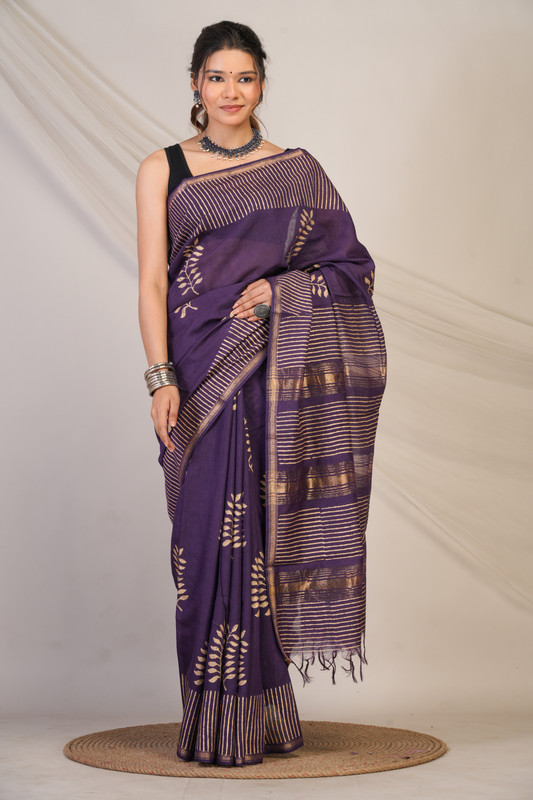Bhagalpuri Jay Shree Cotton Fine Wine Hand Block Ethnic Saree With Blouse