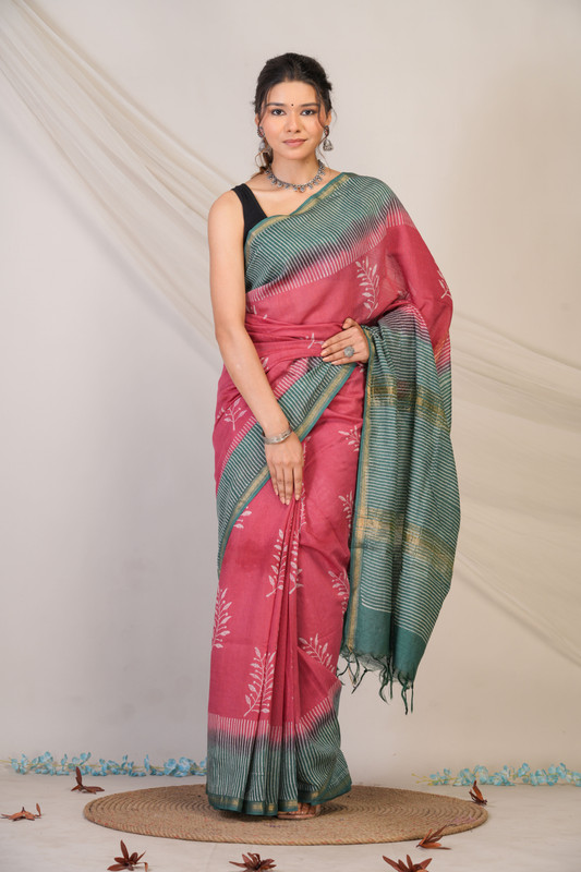 Bhagalpuri Jay Shree Cotton Fine Pink & Green Hand Block Ethnic Saree With Blouse