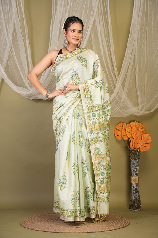 Bhagalpuri Jay Shree Cotton Fine Pista Green Hand Block Ethnic Saree With Blouse