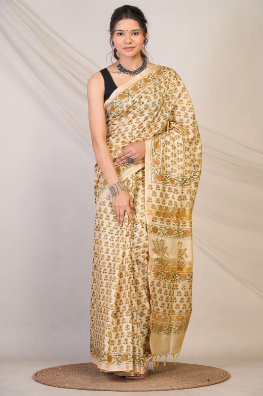 Bhagalpuri Jay Shree Cotton Fine Beige Hand Block Ethnic Saree With Blouse