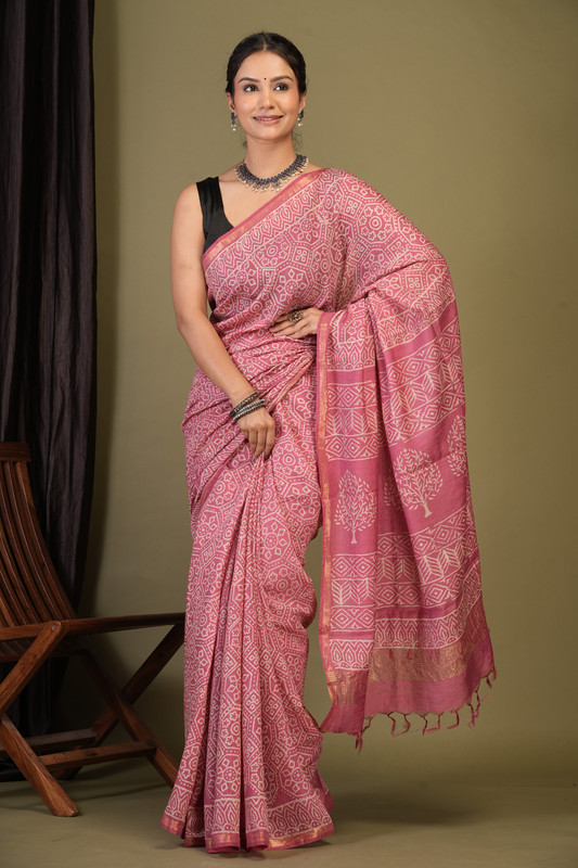 Bhagalpuri Cotton Silk Pink Hand Block Ethnic Saree With Blouse