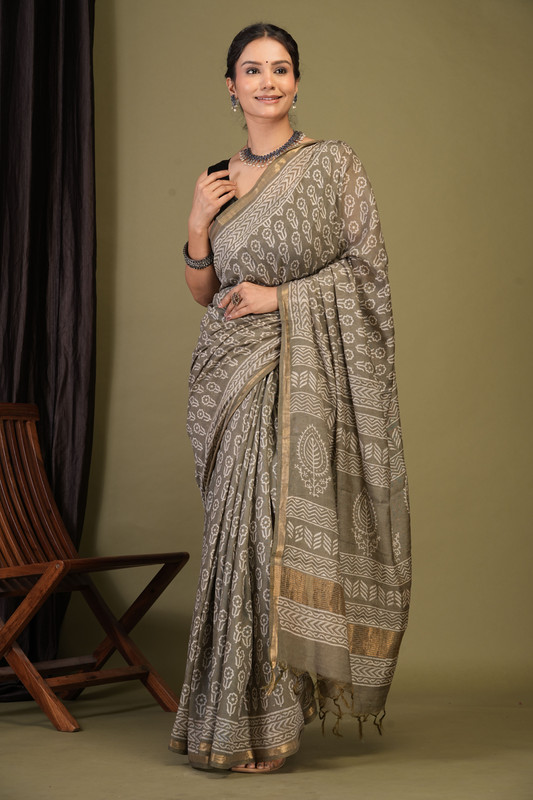 Bhagalpuri Cotton Silk Olive Green Hand Block Ethnic Saree With Blouse