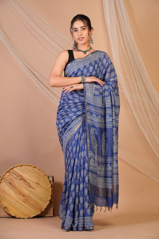 Bhagalpuri Cotton Silk Blue Hand Block Ethnic Saree With Blouse