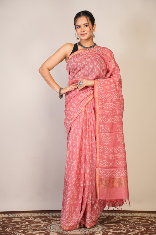 Bhagalpuri Cotton Silk Pink Hand Block Ethnic Saree With Blouse