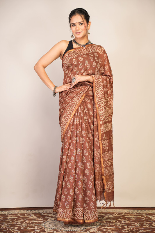 Bhagalpuri Cotton Silk Brown Hand Block Ethnic Saree With Blouse