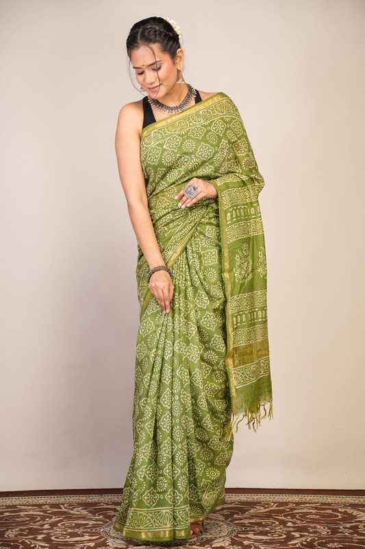 Bhagalpuri Cotton Silk Green Hand Block Ethnic Saree With Blouse