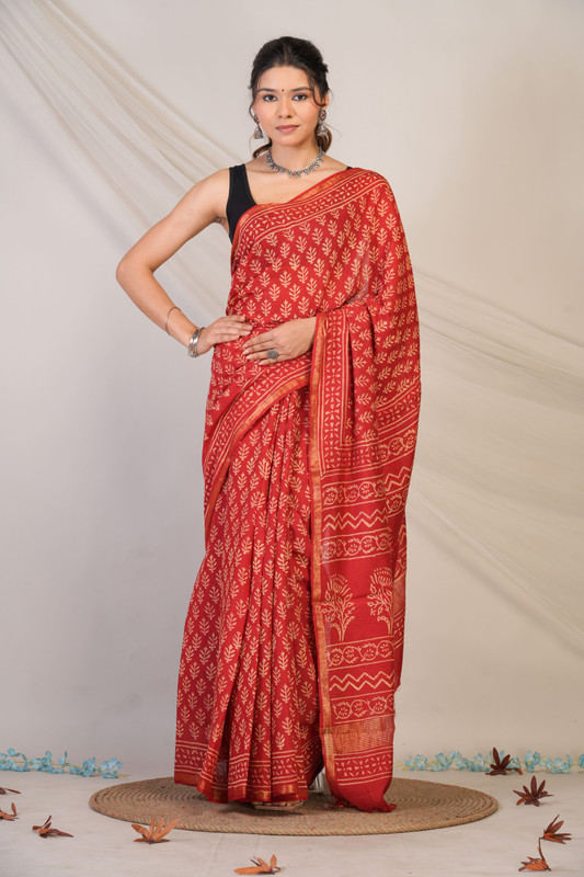 Bhagalpuri Cotton Silk Red Hand Block Ethnic Saree With Blouse