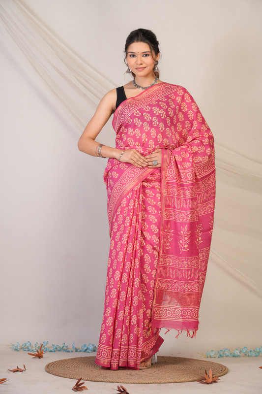 Bhagalpuri Cotton Silk Baby Pink Hand Block Ethnic Saree With Blouse