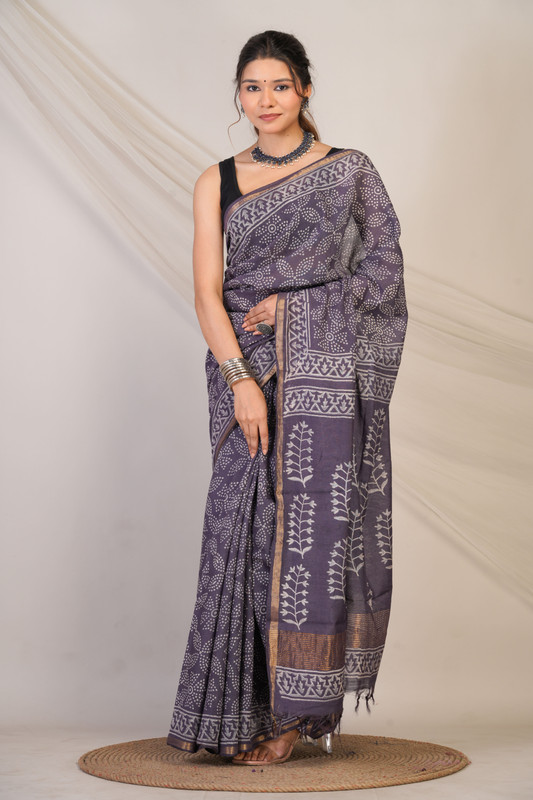 Bhagalpuri Cotton Silk Purple Mauve Hand Block Ethnic Saree With Blouse