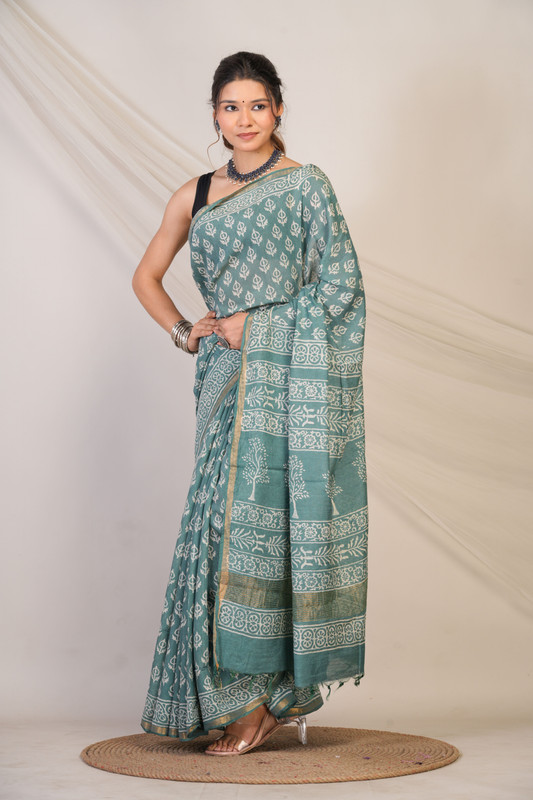 Bhagalpuri Cotton Silk Teal Green Hand Block Ethnic Saree With Blouse