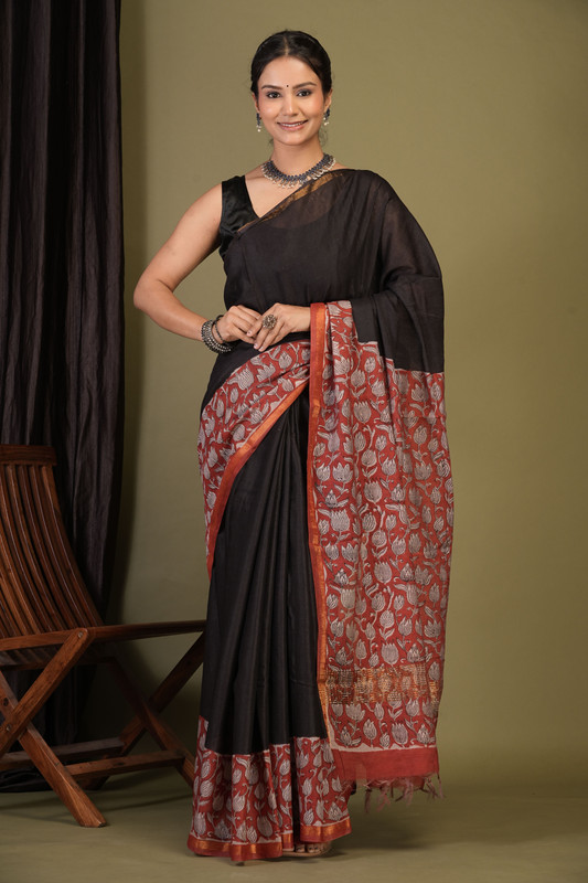 Bhagalpuri Cotton Silk Black & Red Hand Block Ethnic Saree With Blouse
