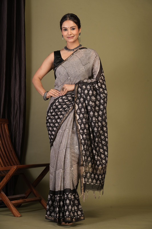 Bhagalpuri Cotton Silk Black & White Hand Block Ethnic Saree With Blouse