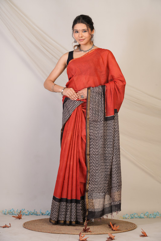 Bhagalpuri Cotton Silk Red & Black Hand Block Ethnic Saree With Blouse