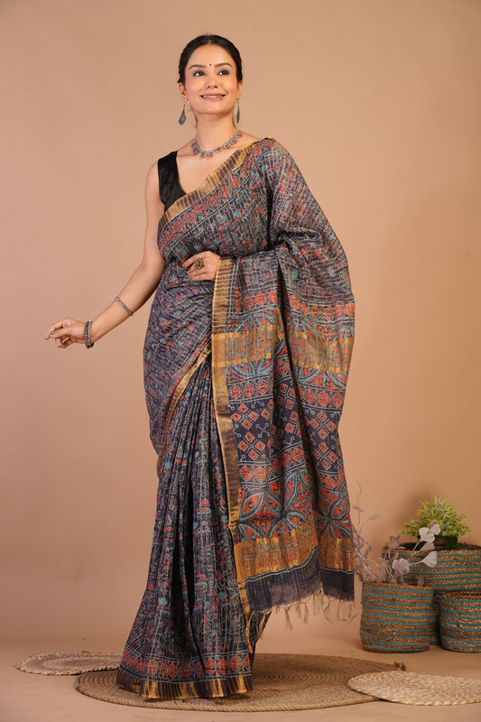 Bhagalpuri Cotton Silk Navy Blue Hand Block Ethnic Saree With Blouse