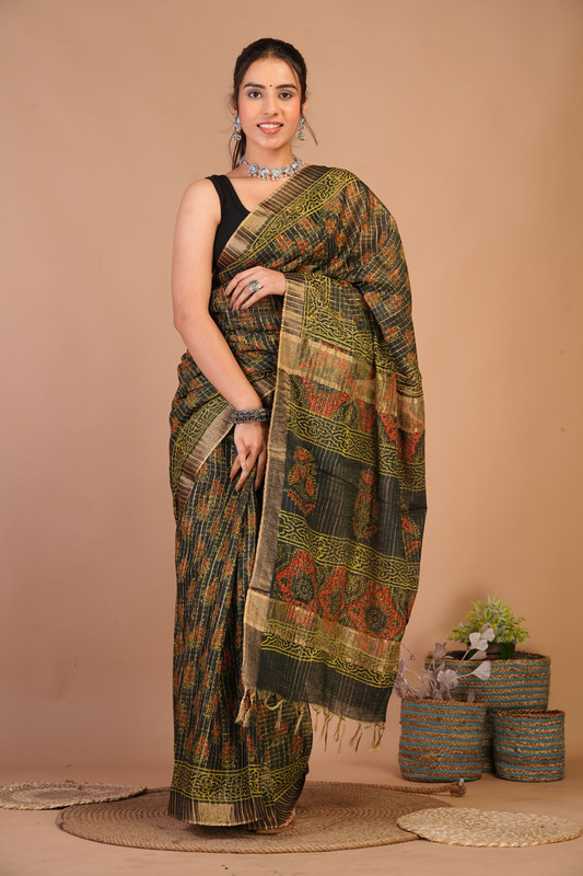 Bhagalpuri Cotton Silk Rama Green Hand Block Ethnic Saree With Blouse