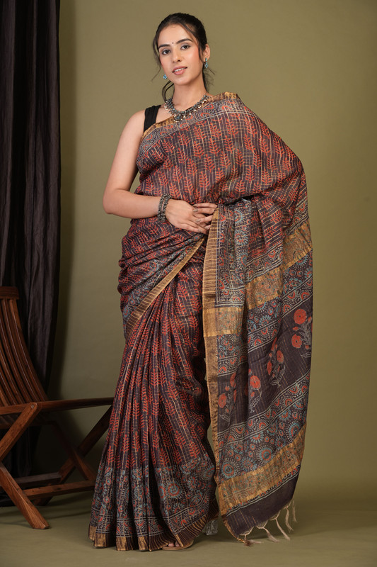 Bhagalpuri Cotton Silk Purple Hand Block Ethnic Saree With Blouse