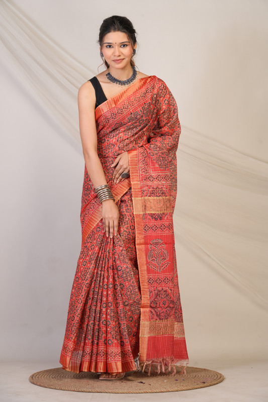 Bhagalpuri Cotton Silk Red Hand Block Ethnic Saree With Blouse